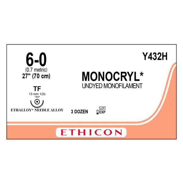 Ethicon Inc,a J & J Company Suture 6-0 Poliglecaprone 25 Tf Monocryl Undyed 27" Monofilament 36/Bx - Y432H