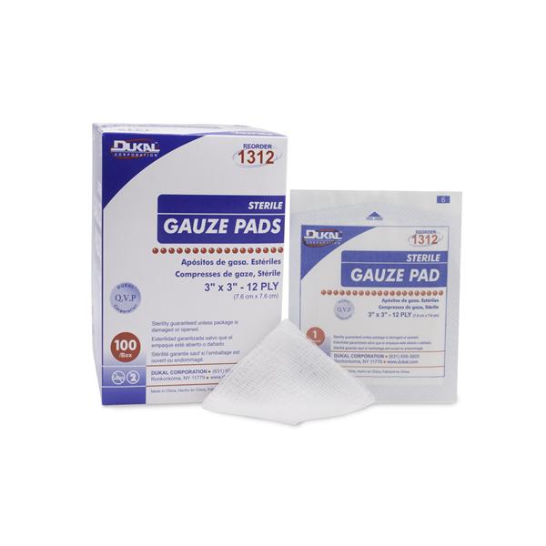 Dukal Corporation Bandage 3X3" Gauze 100% Cotton Not Made With Natural Rubber Latex Sterile 100/Bx, 24 Bx/Ca - 1312