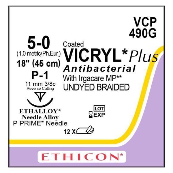 Ethicon Inc,a J & J Company Suture 5-0 Triclosan/Polyglactin 910 P-1 Vicryl Plus Undyed 18" Braid 12/Bx - VCP490G