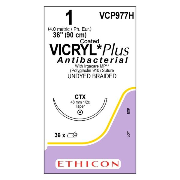 Ethicon Inc,a J & J Company Suture 1 Triclosan/Polyglactin 910 Ctx Coated Vicryl Plus Undyed 36" Braid 36/Bx - VCP977H