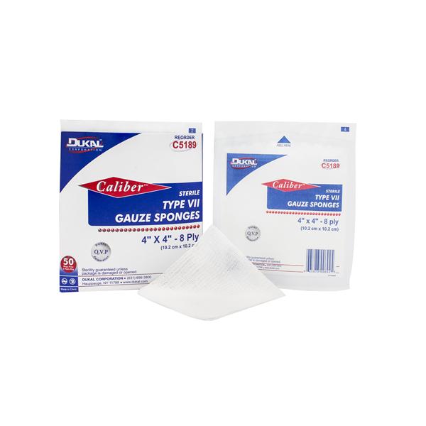 Dukal Corporation Sponge Gauze Caliber Cotton 4X4" 8 Ply Woven Sterile Lf 50X2/Box, 12 Bx/Ca - C5189