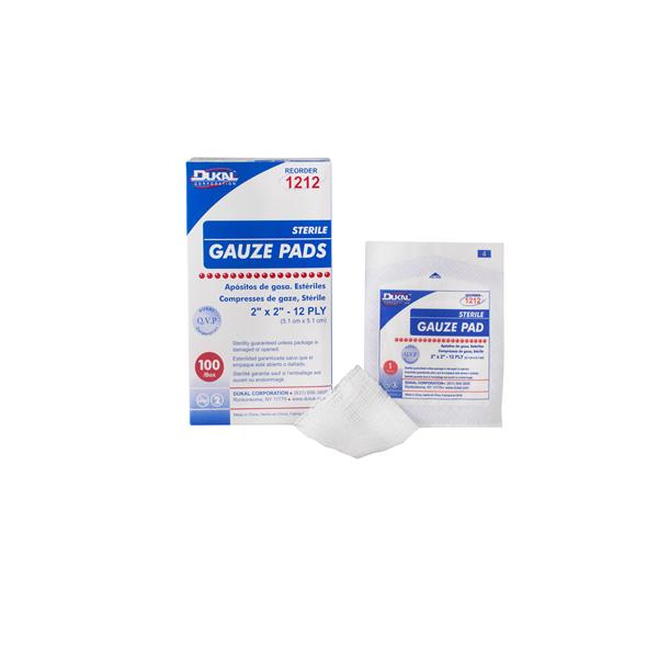Dukal Corporation Pad Gauze 100% Cotton 2X2" 12 Ply Sterile Lf 100/Box, 24 Bx/Ca - 1212