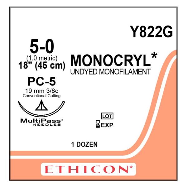 Ethicon Inc,a J & J Company Suture 5-0 Poliglecaprone 25 Pc-5 Monocryl Undyed 18" Monofilament 12/Bx - Y822G