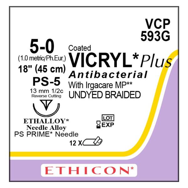 Ethicon Inc,a J & J Company Suture 5-0 Triclosan/Polyglactin 910 Ps-5 Vicryl Plus Undyed 18" Braid 12/Bx - VCP593G