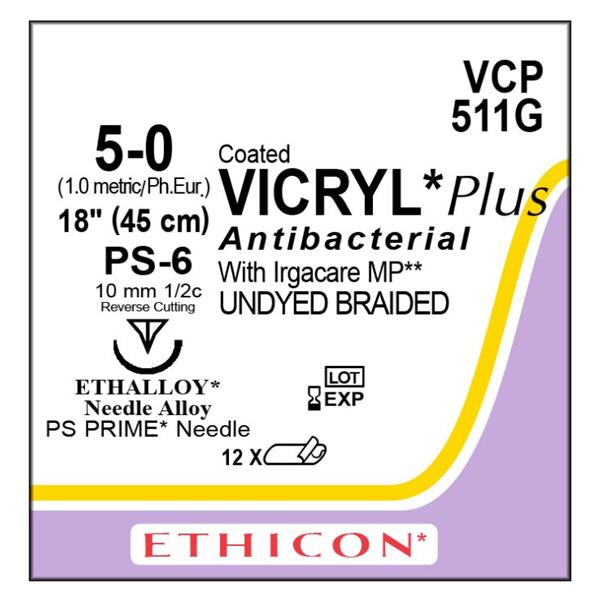 Ethicon Inc,a J & J Company Suture 5-0 Tcs/Pg910 Ps-6 Coated Vicryl Plus Undyed 1X18" Braid 12/Bx - VCP511G