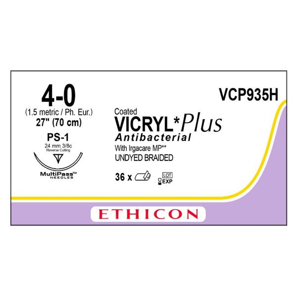 Ethicon Inc,a J & J Company Suture 4-0 Triclosan/Polyglactin 910 Ps-1 Vicryl Plus Undyed 27" Braid 36/Bx - VCP935H
